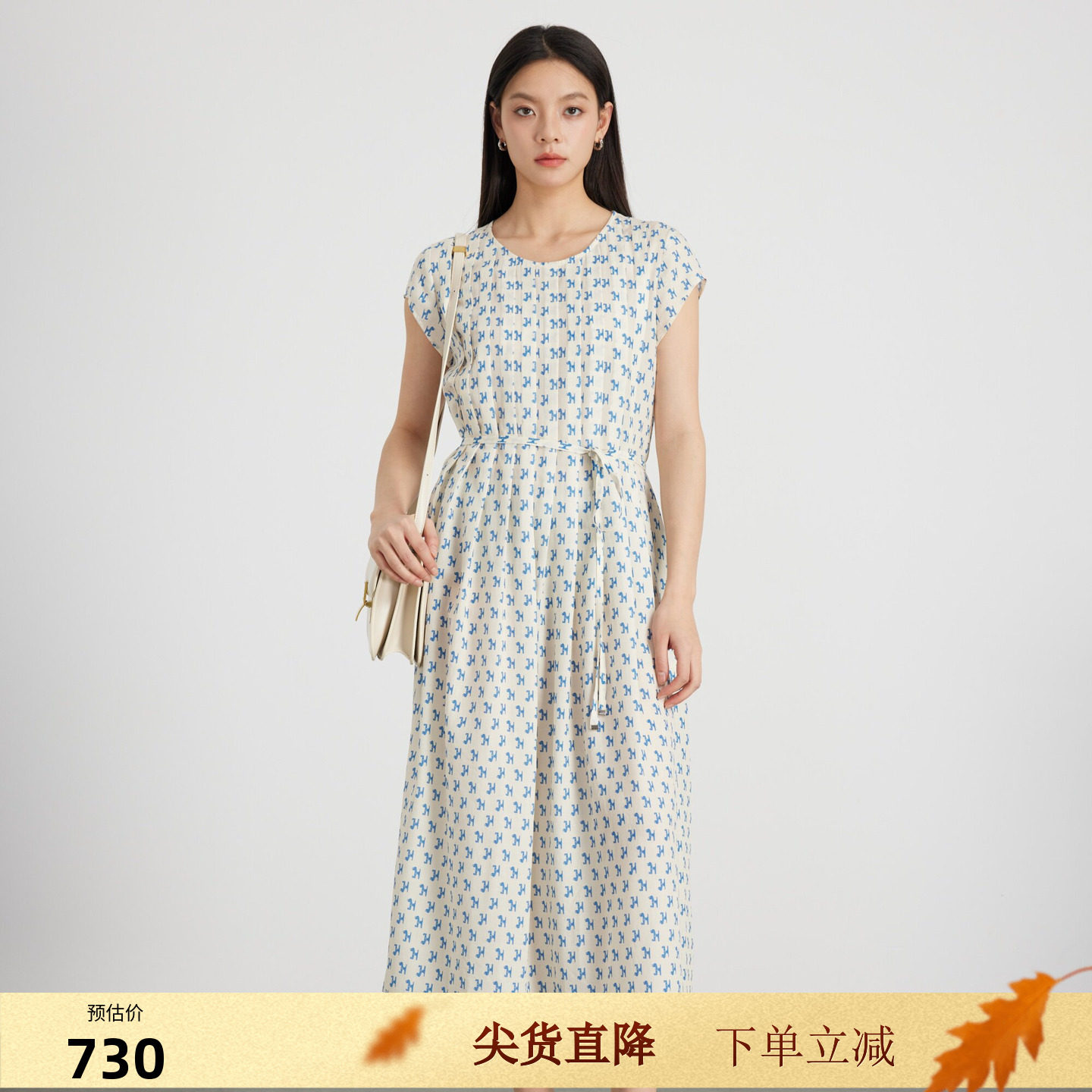 KAKO夏季新品莱赛尔设计感印花前褶连衣裙女中长款裙子5530181