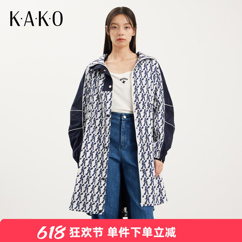 【商场同款】KAKO新款韩版时尚K字印花撞色长款风衣5310552