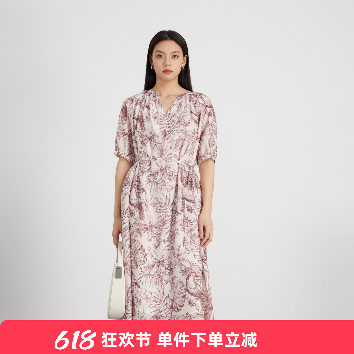 KAKO夏季新品女设计感印花V领连衣裙中长款优雅裙子5540181