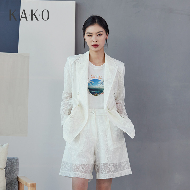 KAKO春夏新品女士小西装外套修身七分袖刺绣休闲薄款摩登气质