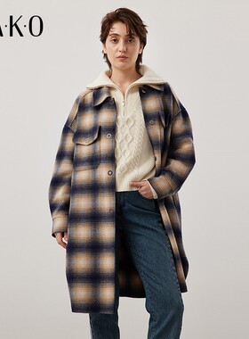 KAKO秋冬新款女装时尚通勤中长款西装领毛呢外套格纹衬衫式大衣
