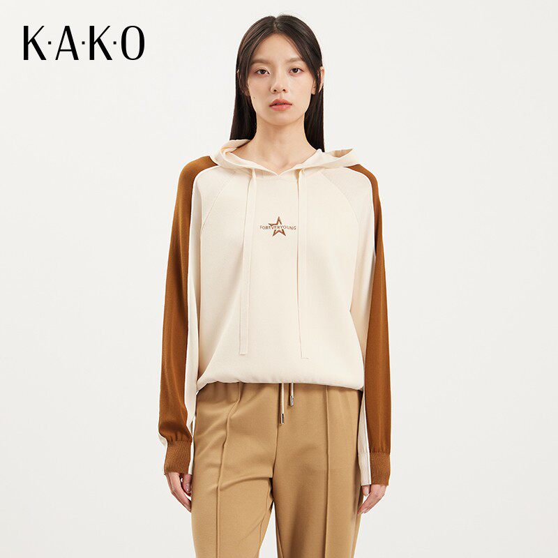 【商场同款】KAKO新款复古百搭修身撞色连帽休闲针织衫5322241