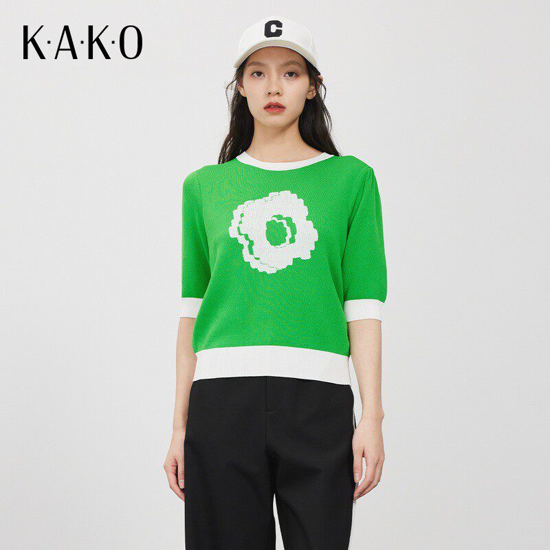 【商场同款】KAKO新款休闲女上衣百搭字母花短袖针织衫女5212041