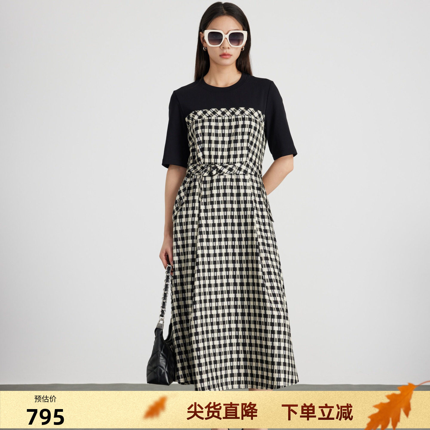 KAKO春夏新品黑白格拼接连衣裙时尚设计感格子裙子5511581