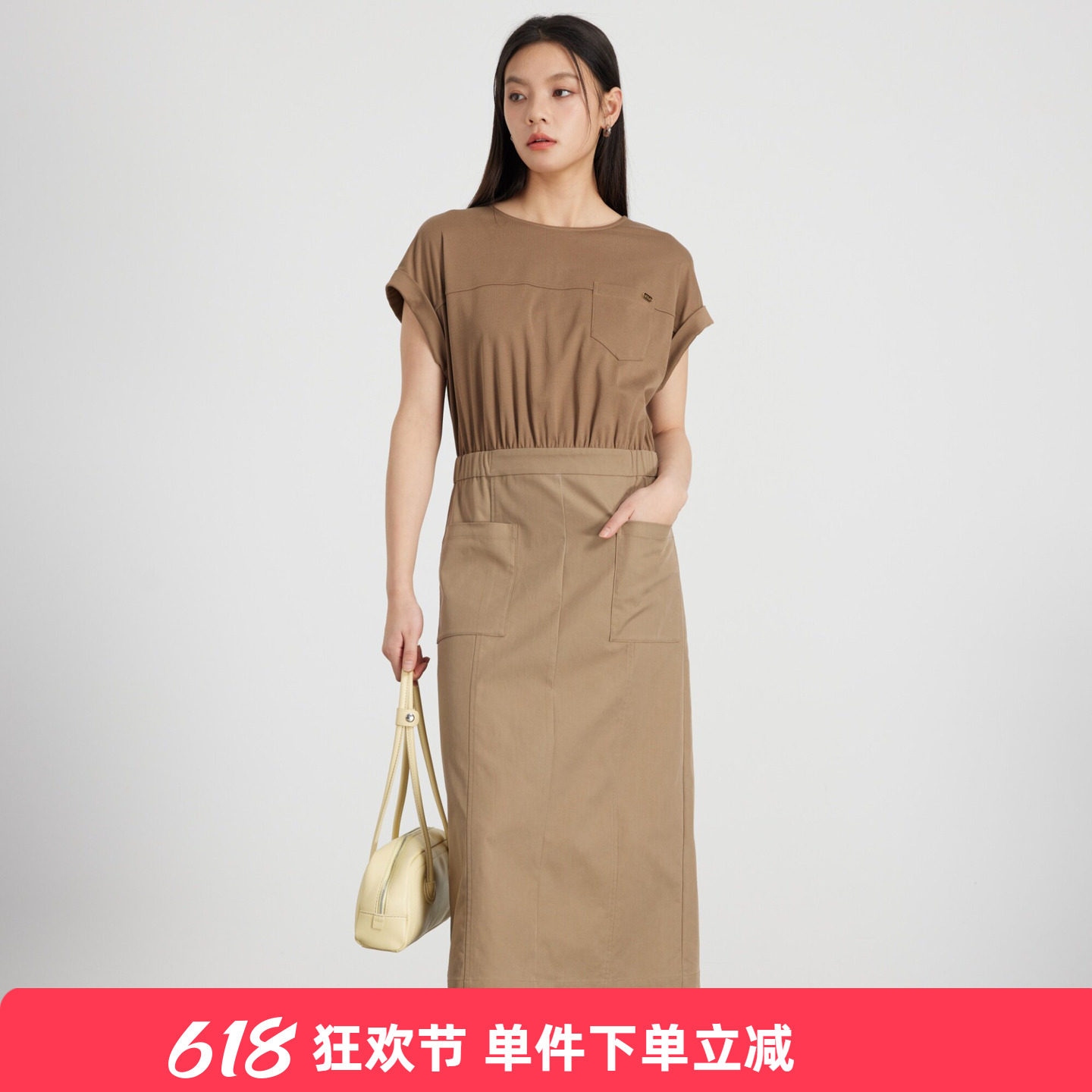 KAKO夏季新品设计感拼接直筒连衣裙中长款休闲裙子5521482