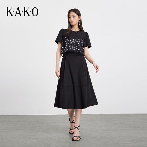 KAKO夏季新品圆领短袖拼接波点休闲连衣裙女修身显瘦裙子5340681