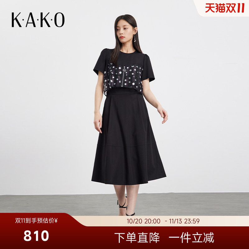 KAKO夏季新品圆领短袖拼接波点休闲连衣裙女修身显瘦裙子5340681