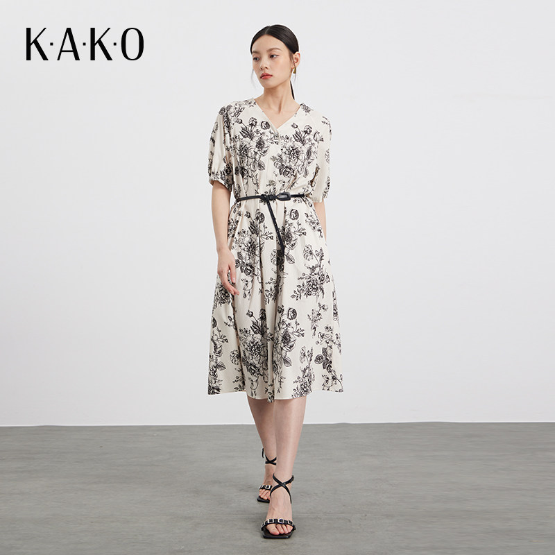 KAKO夏季新品气质玫瑰印花V领连衣裙女收腰显瘦优雅裙子5350882
