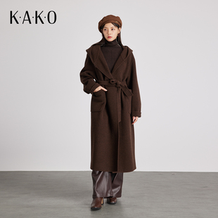 KAKO秋冬新品一粒扣连帽羊绒气质优雅大衣毛呢外套保暖5432992