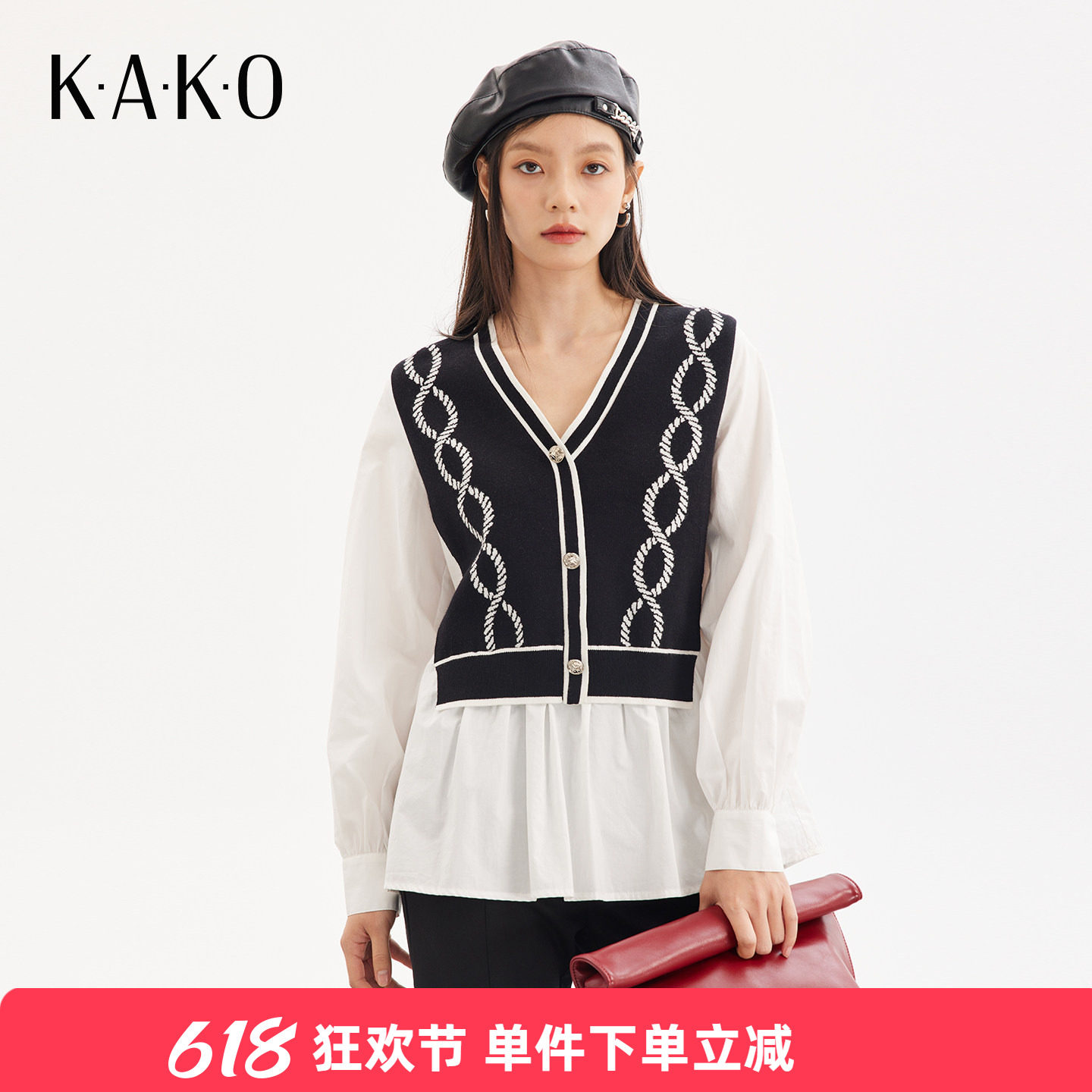 KAKO秋冬新品羊毛撞色针梭相拼上衣设计感毛衣针织衫5412441
