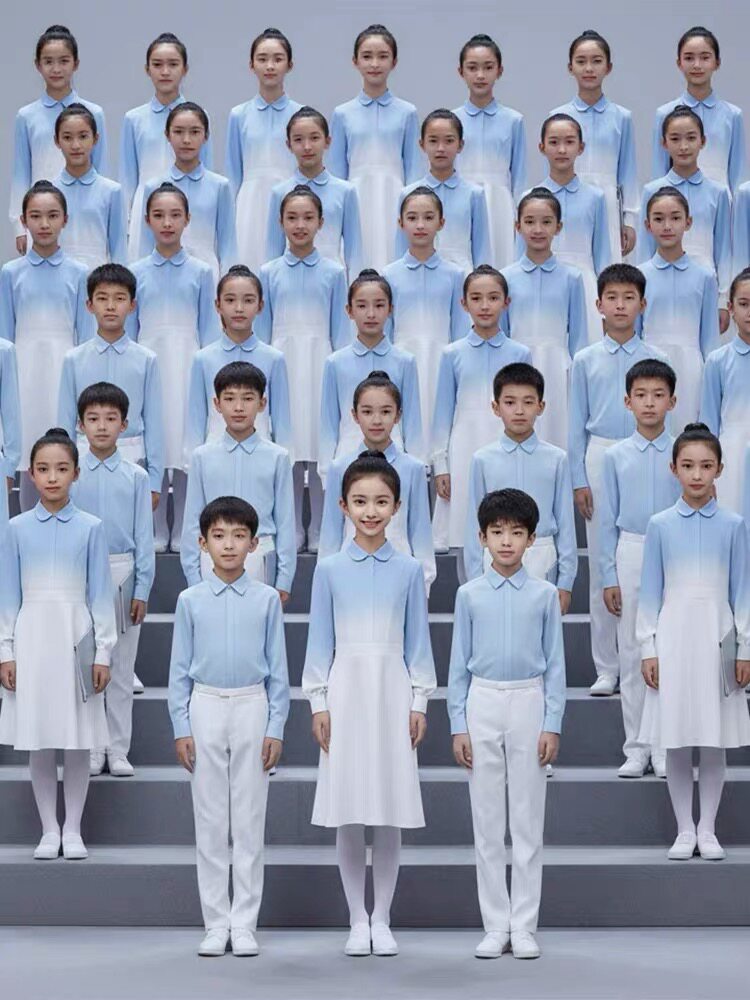儿童初中小学生蓝色爱国主题诗歌合唱朗诵演讲比赛演出服女童礼服