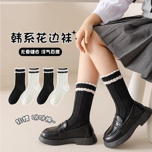 女童袜子春秋儿童学院风中筒棉袜女孩韩版洛丽塔公主花边黑白长袜