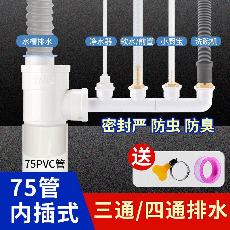 厨房水槽洗碗机净水器小厨宝洗衣机二合一下水管三通75内插防臭