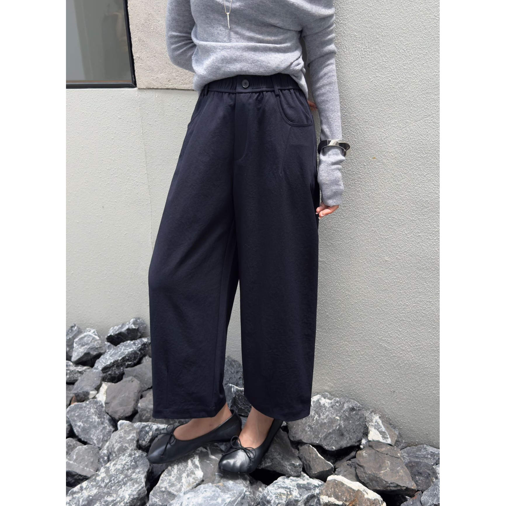 简谜26063欧货秋款松紧腰宽松休闲九分大筒裤女显瘦小个子阔腿裤