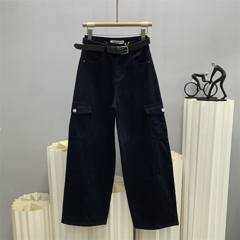 斯卡洛依3062欧货秋牛仔大筒裤女宽松加长藏青色工装裤阔腿裤ckly