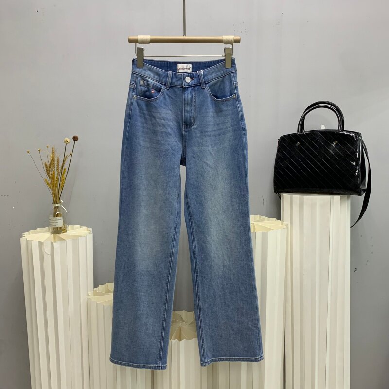 斯卡洛依2898欧货夏四面弹加长浅色牛仔直筒裤女窄版拖地裤CKLY