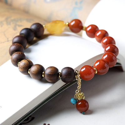 黄奇楠沉香木搭配蜜蜡原石手链新中式南红玛瑙双拼文玩手串批发