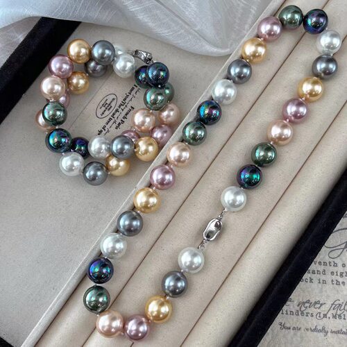 新中式复古14mm大颗粒彩色孔雀绿大溪地金珠澳白贝珠珍珠项链锁骨