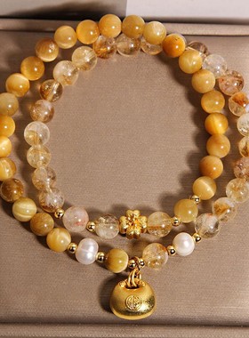 天然黄塔晶双圈手链虎眼石串珠手串水晶新中式小胖福黄水晶手