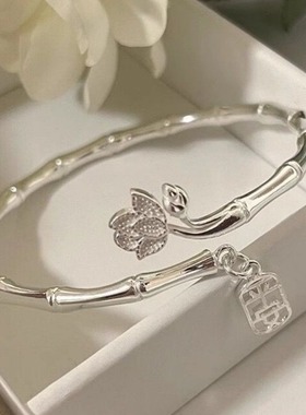 竹报平安手镯女简约实心竹节白铜手环小众推拉镯子送女友七夕礼物