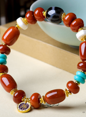 原创设计南红玛瑙搭配文玩龟甲天珠手串鹿角菱镁矿松石手链批发