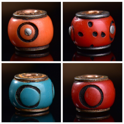 藏区料器DIY桶珠 孔道镶嵌铜配珠文玩佛珠手串半成品多色散珠隔珠