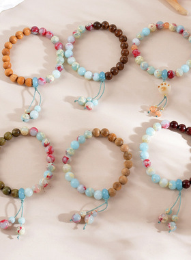 新款天然雨花石寿山石手串新中式檀木手链女手工木质复古彩色饰品