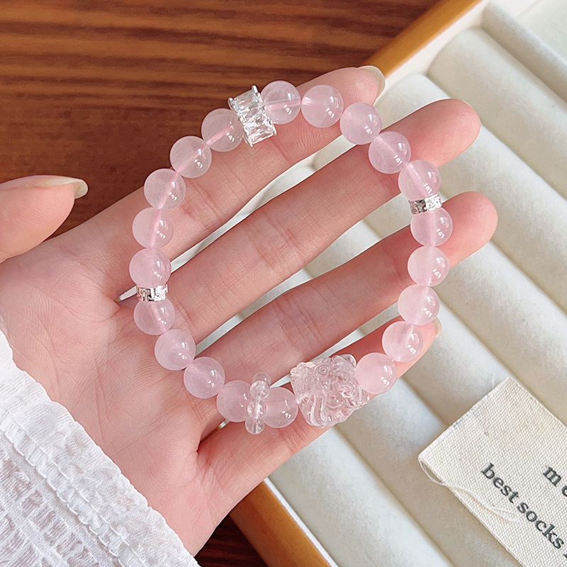 超仙~天然粉水晶醒狮手链女轻奢小众高级感弹力串珠水晶手串批发