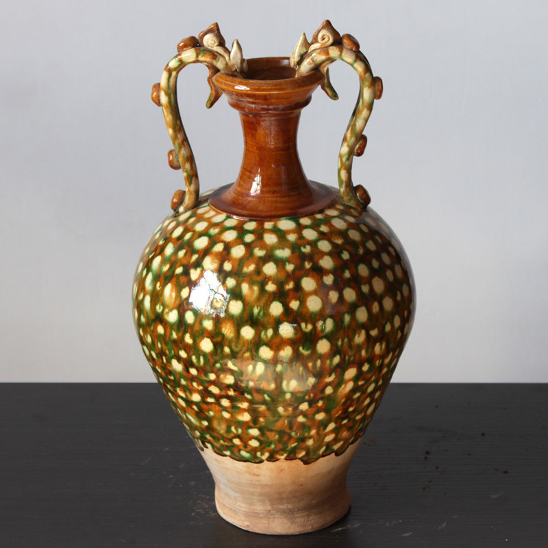 唐三彩陶瓷器皿摆件双龙瓶三彩罐古典艺术家居装饰酒店软装收藏品