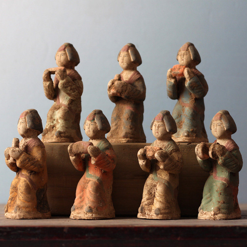 唐代陶俑乐器仕女俑摆件仿古陶器女俑彩绘陶器复古收藏老货老物件