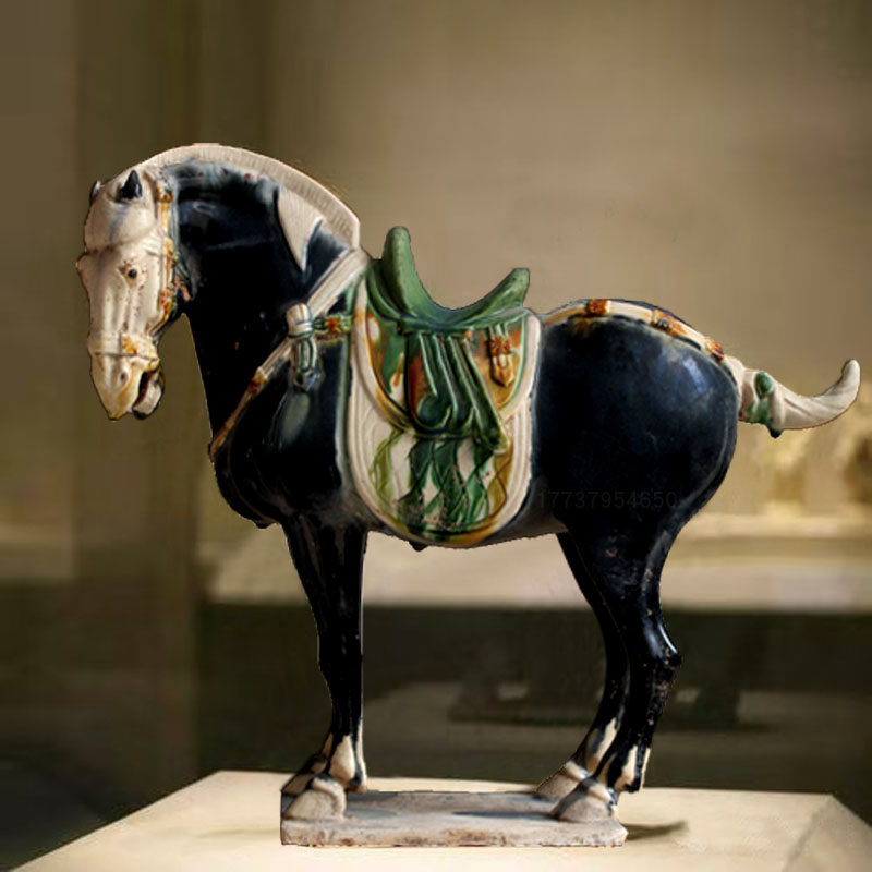 高超仿古中国马洛阳唐三彩艺术品中式黑马陶瓷摆件博物馆古玩古董