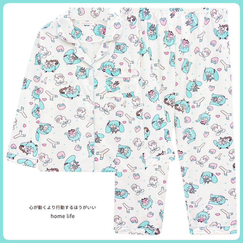 初音未来睡衣女款春秋季纯棉长袖大码可爱二次元miku卡通家居服夏