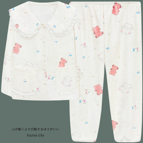 法兰绒娃娃领睡衣女秋冬季新款