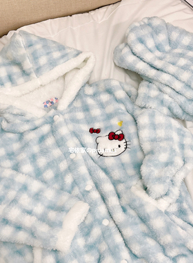 HelloKitty睡衣女秋冬季加厚珊瑚绒加绒连帽可爱中长款家居服套装