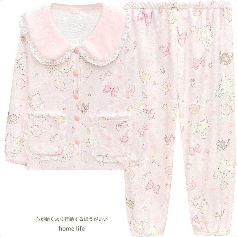 小猫咪珊瑚绒睡衣女款秋冬季法兰绒加厚可爱花边领家居服套装大码