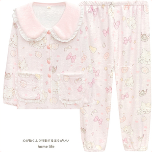 小猫咪珊瑚绒睡衣女款 法兰绒加厚可爱花边领家居服套装 大码 秋冬季