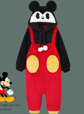 米奇卡通连体睡衣冬季男女新款珊瑚绒加厚保暖背带裤假两件家居服