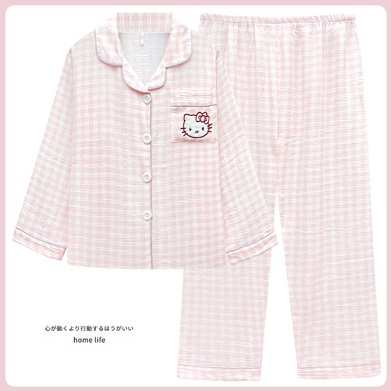 纯棉睡衣女春夏季长袖双层泡泡纱布可爱HelloKitty家居服套装秋冬
