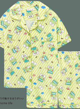 ins小青蛙可爱睡衣女夏季新款纯棉短袖开衫家居服女学生薄款夏天