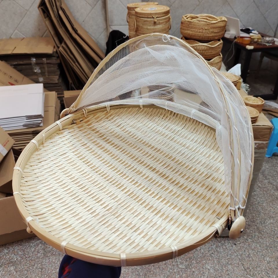 家用竹编制品带网罩防蝇竹篮馒头筐水果篮收纳筐簸箕有盖晾晒托盘