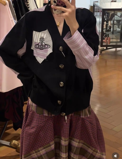 日单土星刺绣拼色V领学院风针织开衫毛衣外套上衣