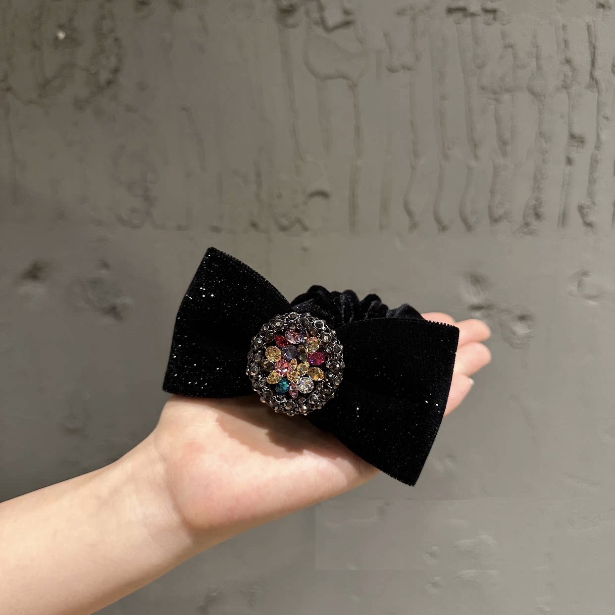 复古银丝金丝绒闪闪水钻蝴蝶结发绳黑色精致发圈后脑勺低马尾发饰