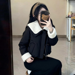 韩系黑色毛领羽绒棉服女款2025新款冬季保暖小香风超好看短款棉服