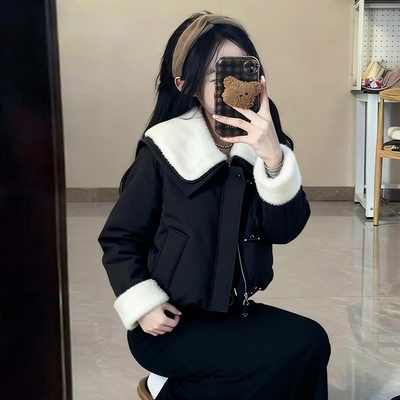 韩系黑色毛领羽绒棉服女款2025新款冬季保暖小香风超好看短款棉服