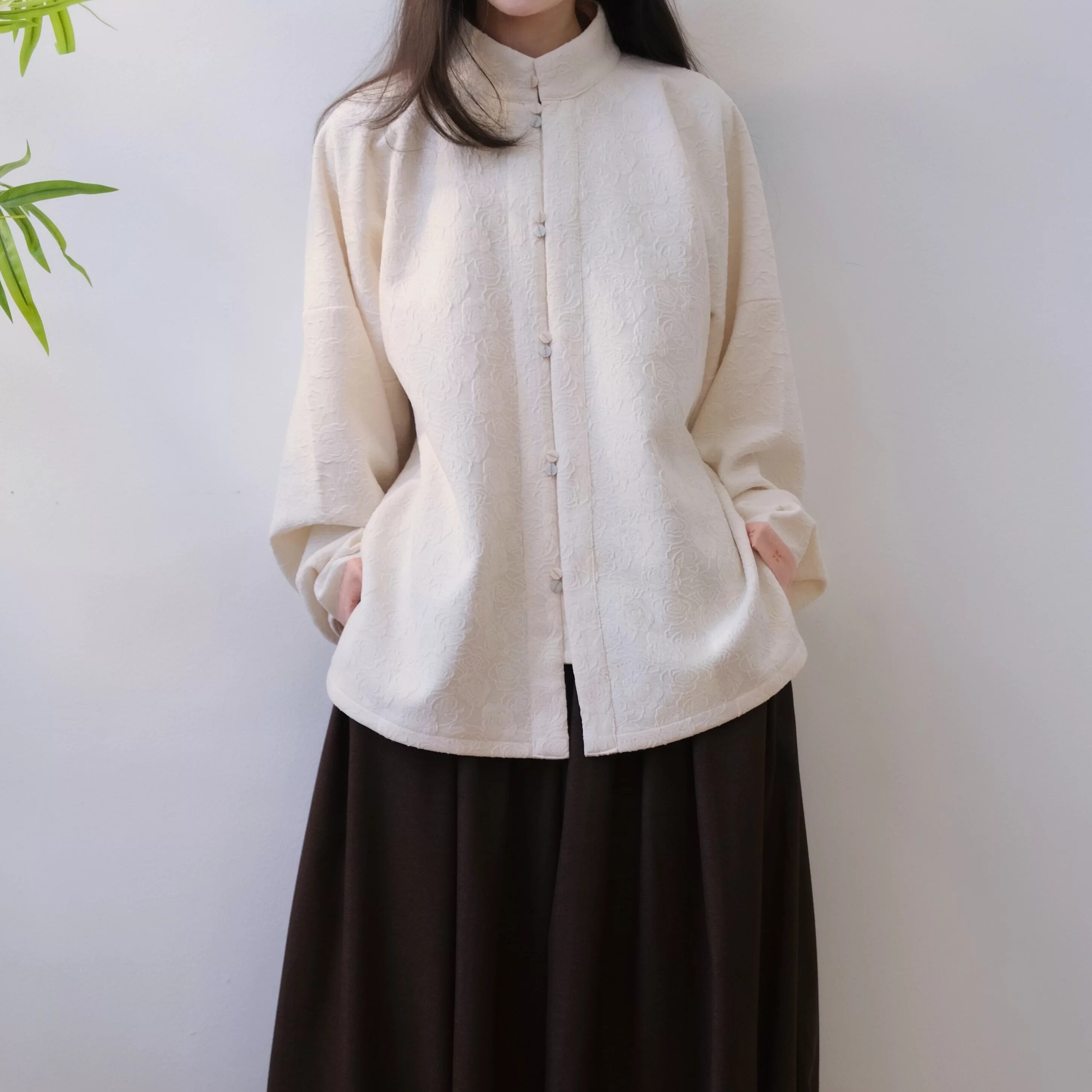 玫瑰提花复合绒立领弓袋袖短衫大放量灯笼裤明制日常汉服秋冬女款