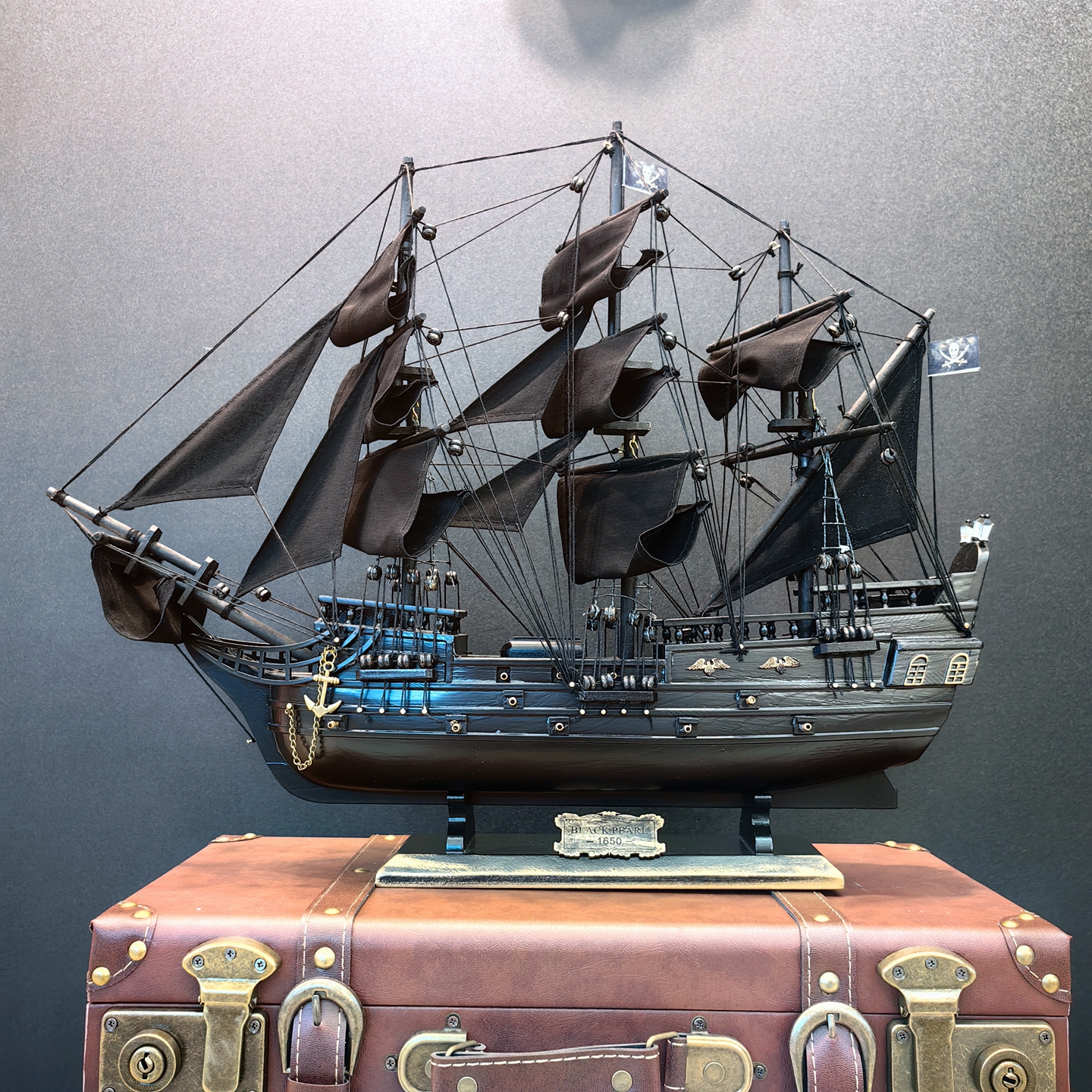 黑珍珠号木质黑帆船模型摆件