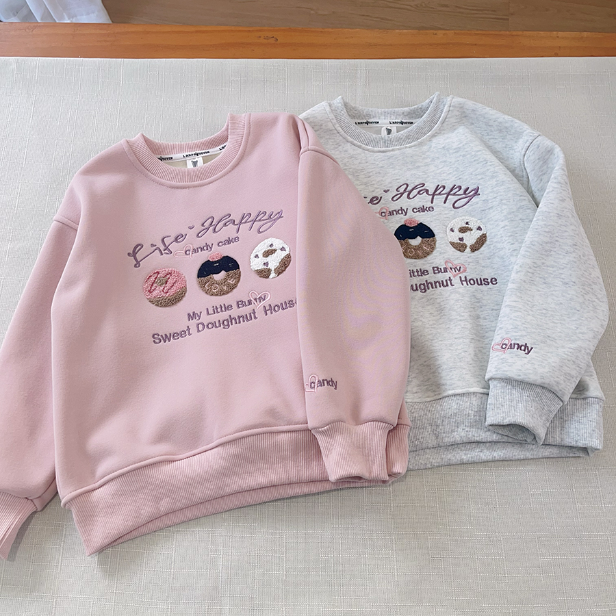 女童加绒卫衣冬季新中大童圆领加厚上衣女孩棉质毛巾绣休闲套头衫