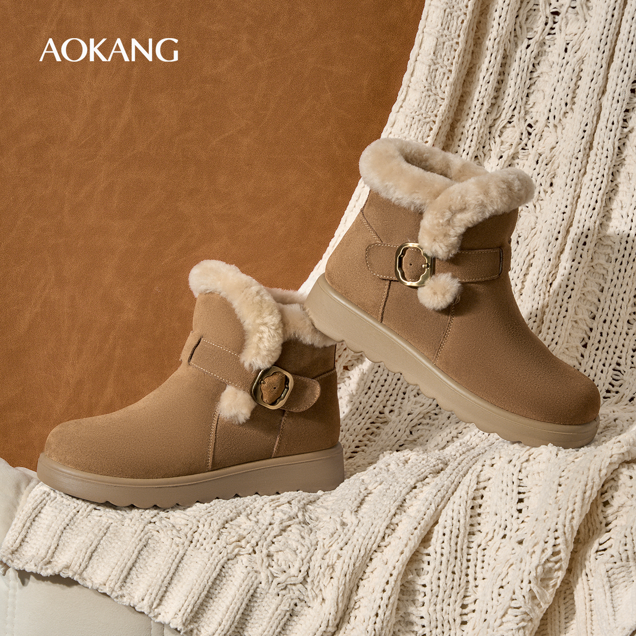 奥康女鞋保暖皮毛一体雪地靴