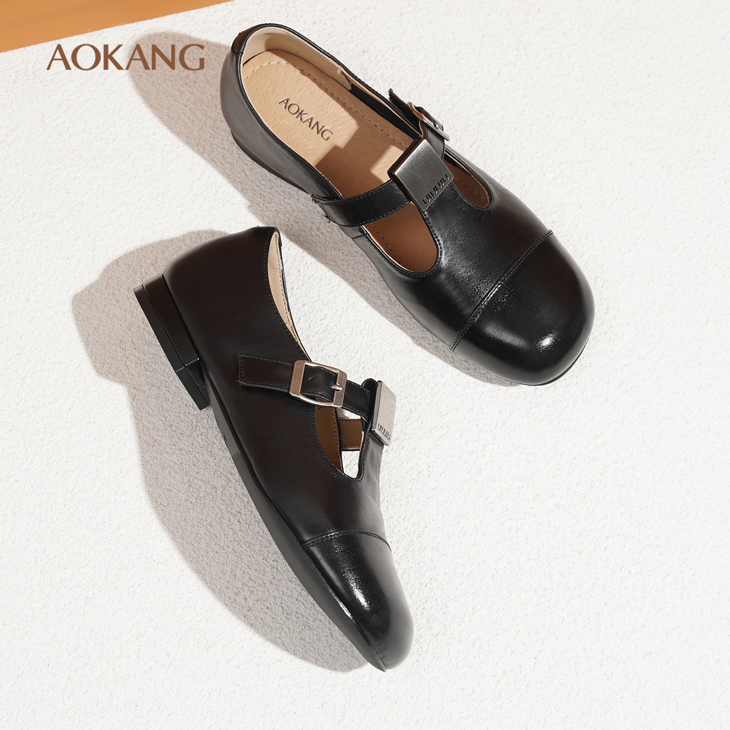 奥康 女鞋新款真皮玛丽珍鞋平底皮带扣小皮鞋复古软底软面女单鞋L