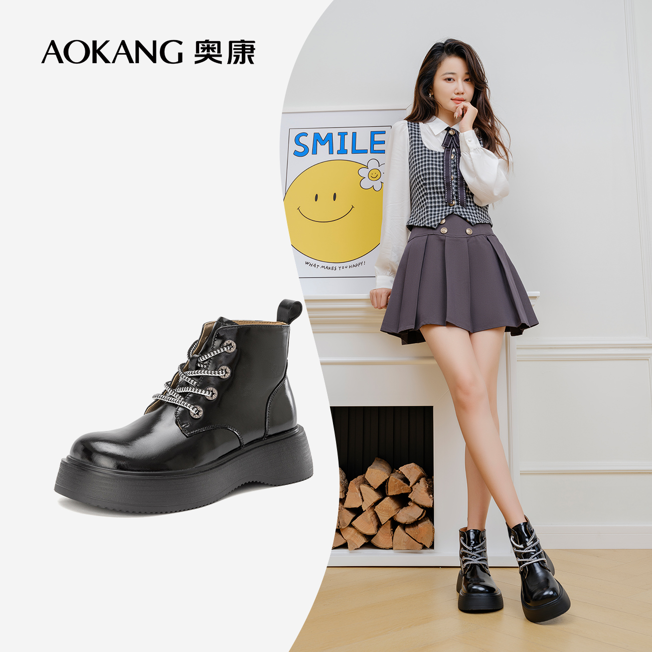 奥康女鞋英伦风厚底马丁靴显瘦